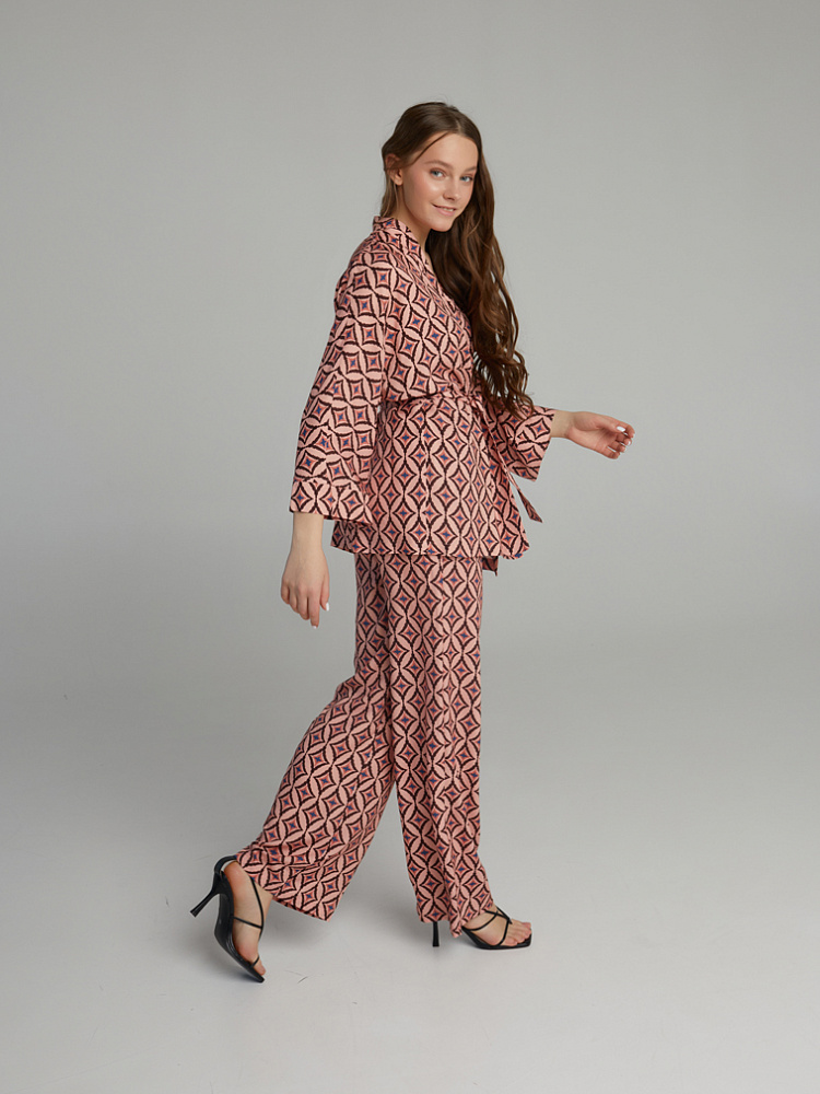 Брюки из струящегося штапеля   Pretty Ромбы на розовом_10112