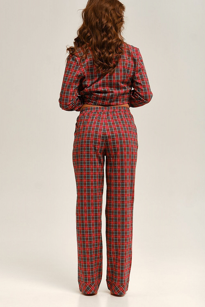 Прямые брюки из хлопка Slow beauty Красно-серая клетка_12504