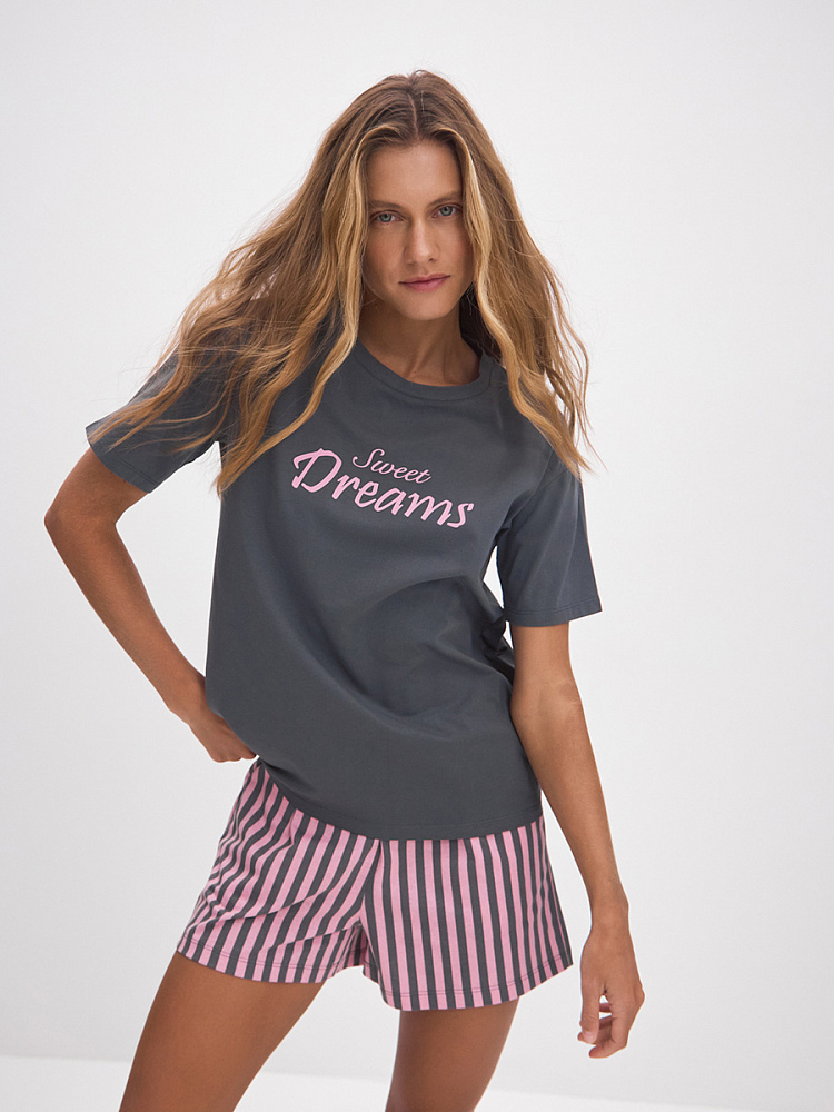 Пижама из хлопка, комплект Slow beauty Серый/Полоска розово-серая_13618