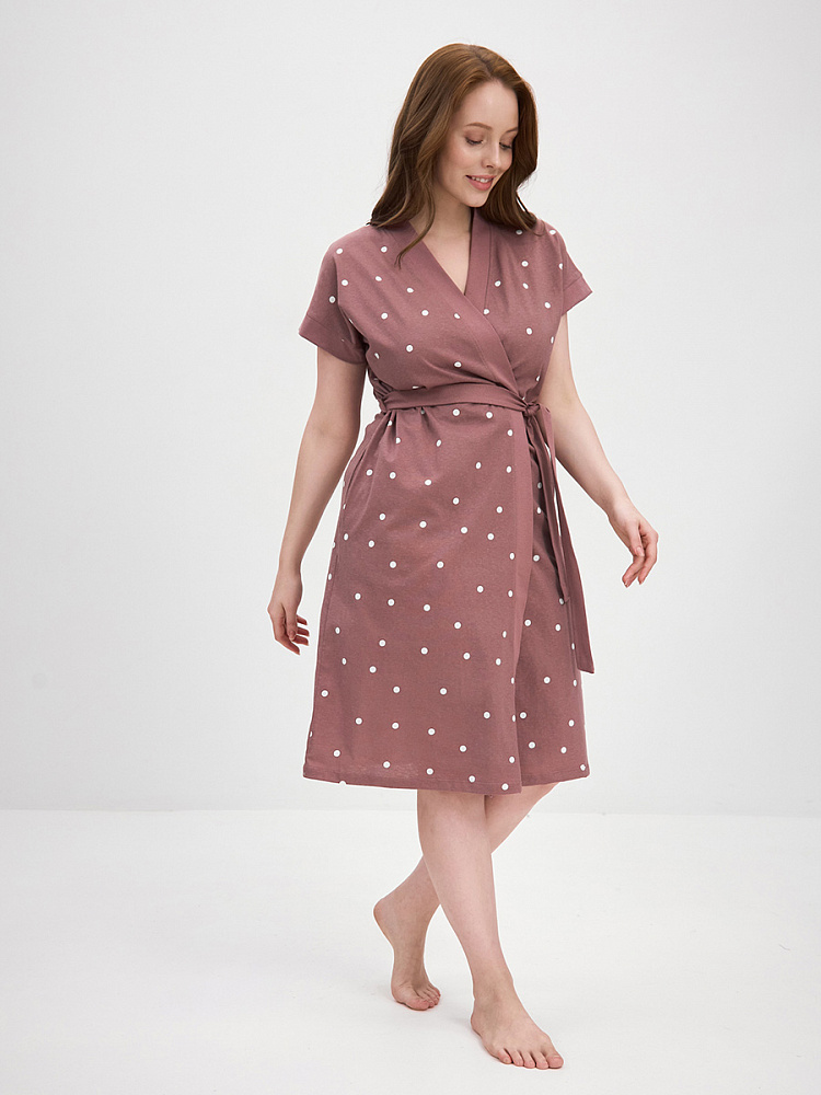 Халат из хлопка с поясом Cozy time Какао/Горох_13594