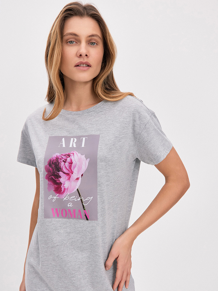 Платье из хлопка Color Print Серый меланж/Пион розовый_14808