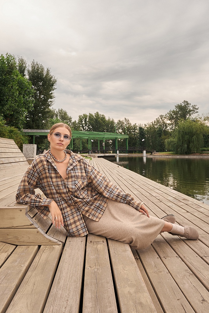 Рубашка в клетку из хлопка City Plus Бежево-коричневая клетка_16434