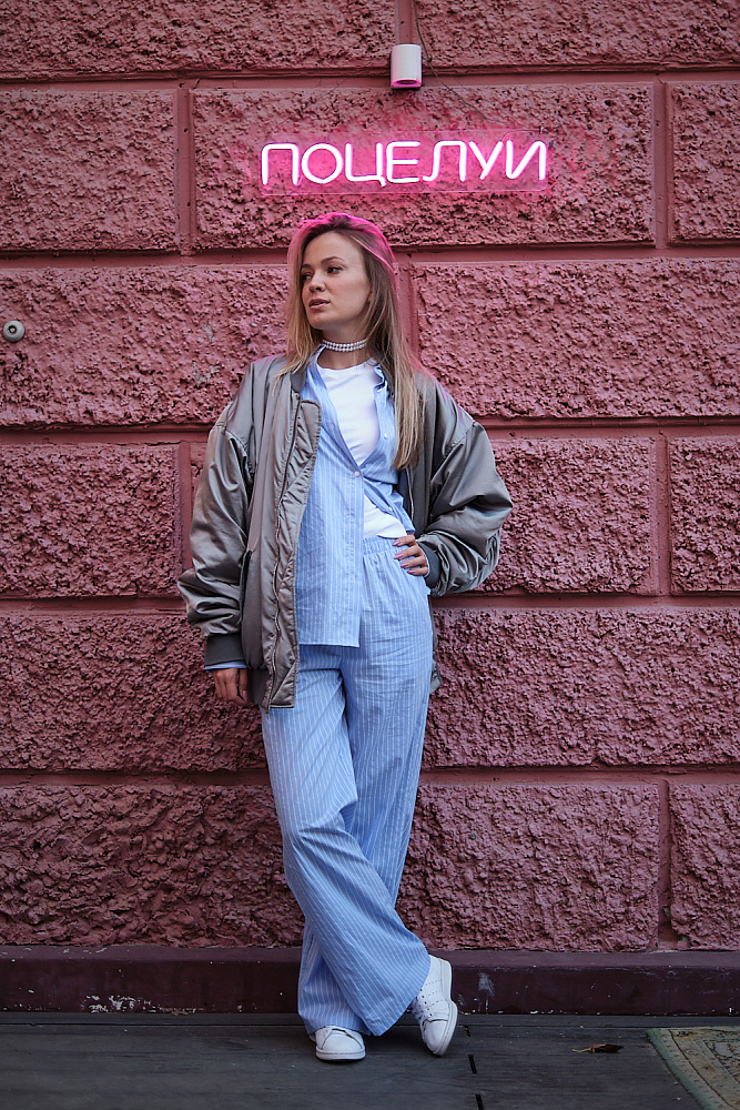 Брюки домашние голубые из хлопка полоска Fresh_8168