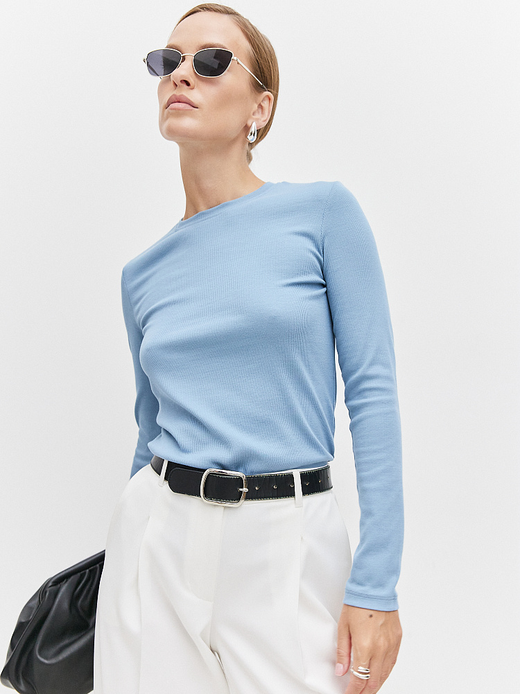 Лонгслив трикотажный в рубчик Basic Дымчато-голубой_10896