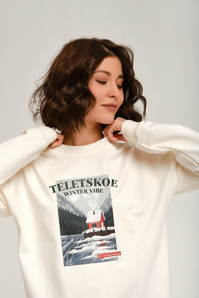 Свитшот из легкого эластичного футера с принтом Urban chic Молочный/Телецкое_12472