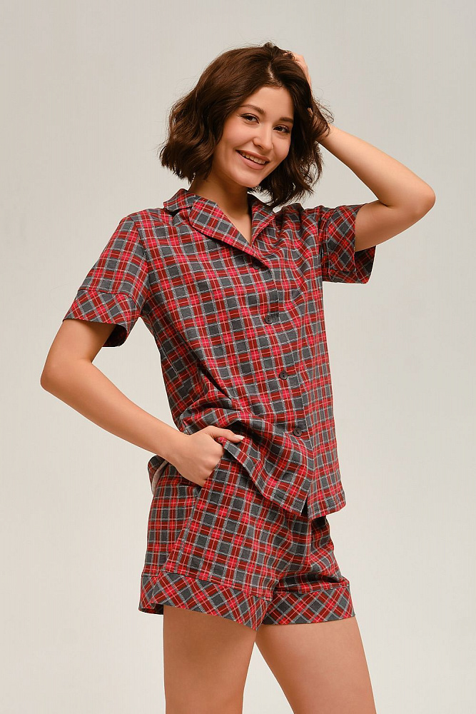 Рубашка с коротким рукавом из хлопка Slow beauty Красно-серая клетка_12490