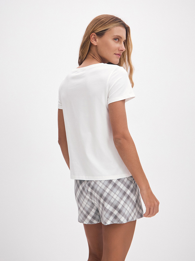Пижама из эластичного хлопка, комплект Nicole Кремовый/Клетка серая_13423