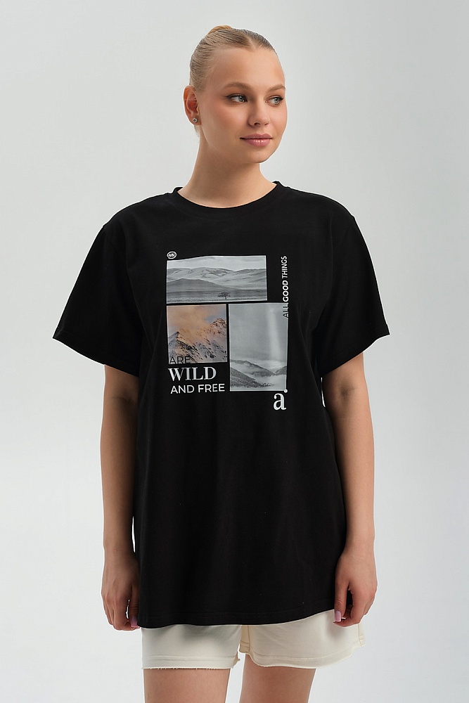 Футболка удлиненная оверсайз с принтом Altai woman Черный/Туман_17854