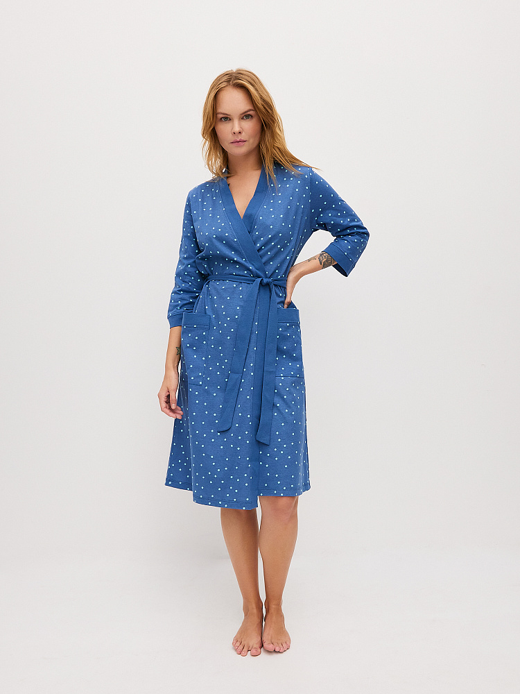 Халат из хлопка с поясом Cozy time Синий/Горох_11262