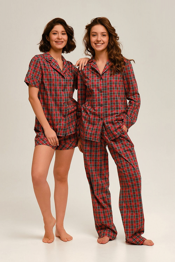 Шорты из хлопка с карманами Slow beauty Красно-серая клетка_12498