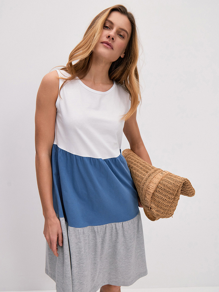 Платье из хлопка Color blocks Белый/Индиго/Серый меланж_14536