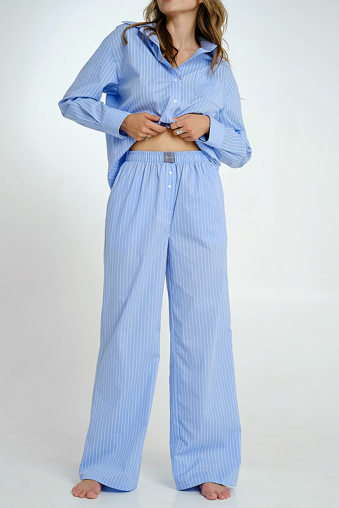 Брюки домашние голубые из хлопка полоска Fresh_7418