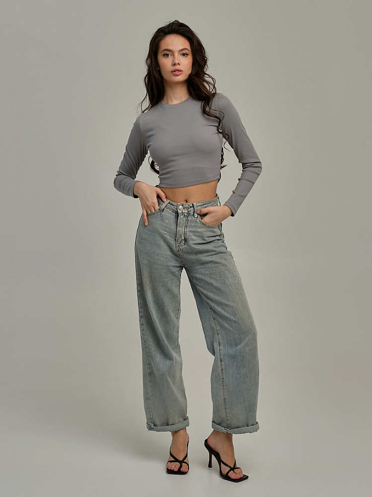 Лонгслив трикотажный в рубчик Basic Темно-серый_11054