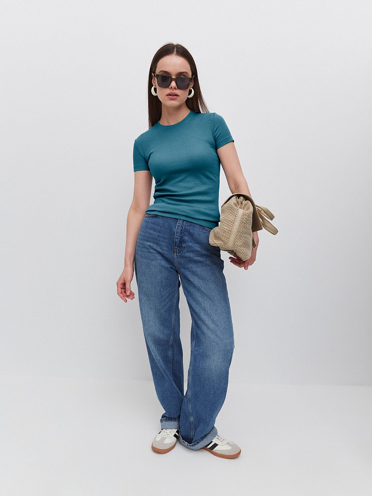 Футболка приталенная трикотажная в рубчик Basic Морская волна_11886