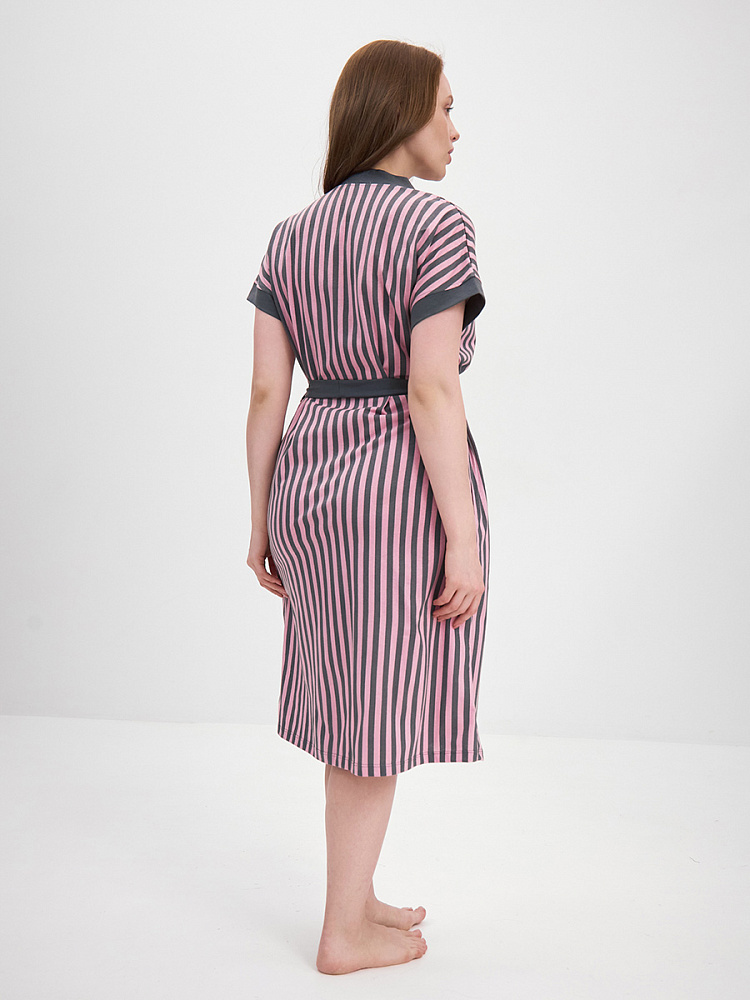 Халат из хлопка с поясом Cozy time Полоска розово-серая_13436