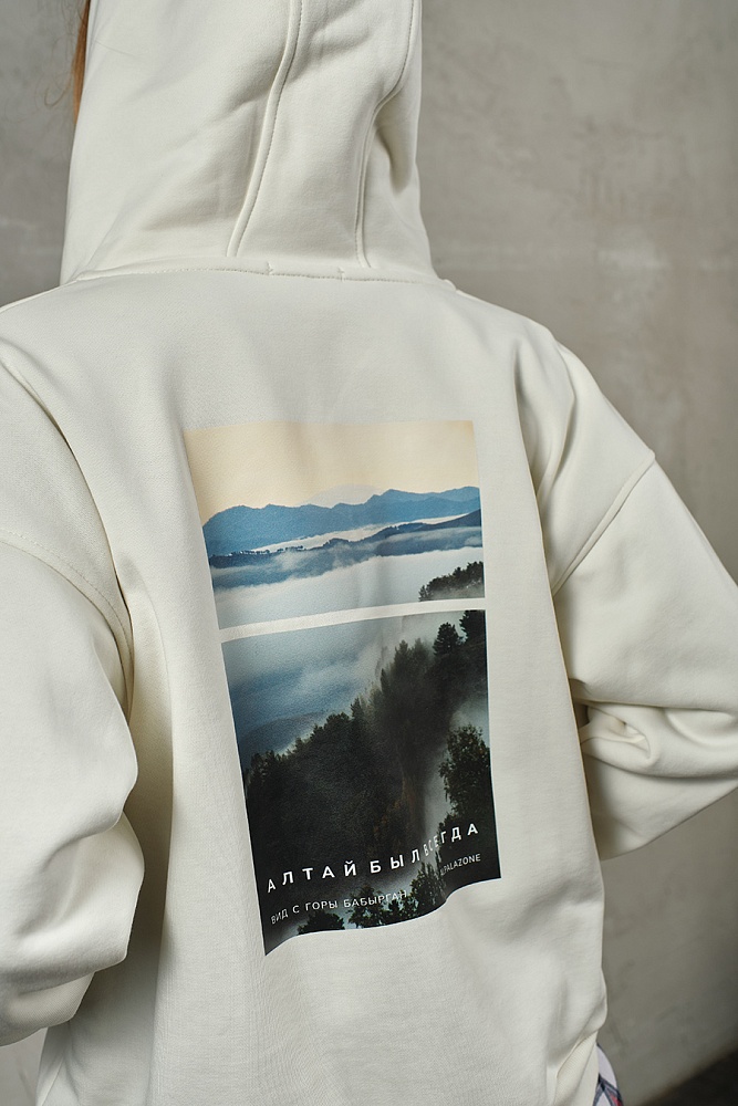 Худи на молнии из футера Путешествие по Алтаю Экрю/Бабырган_19511