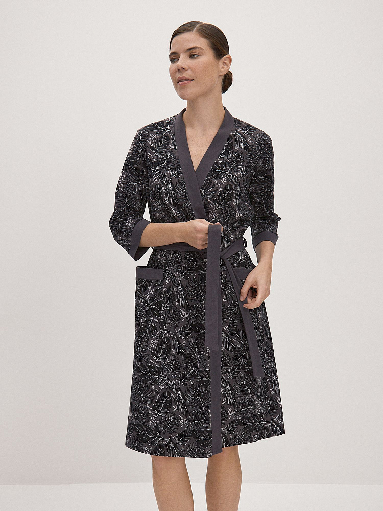 Халат из хлопка с поясом Cozy time Листья на сером_12362