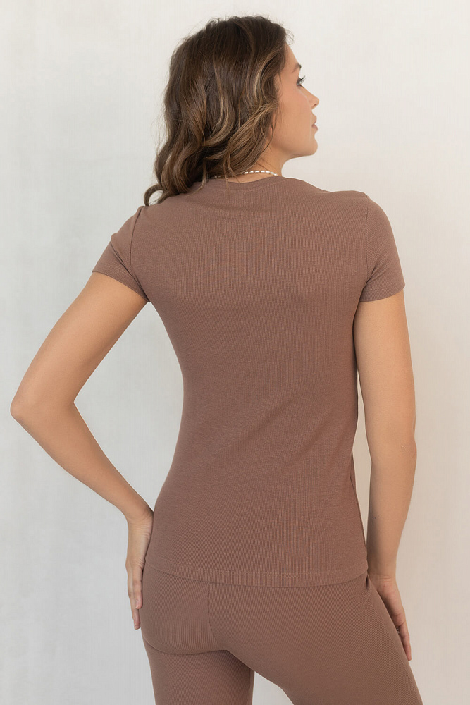 Коричневая футболка трикотажная в рубчик Капучино Basic_7165