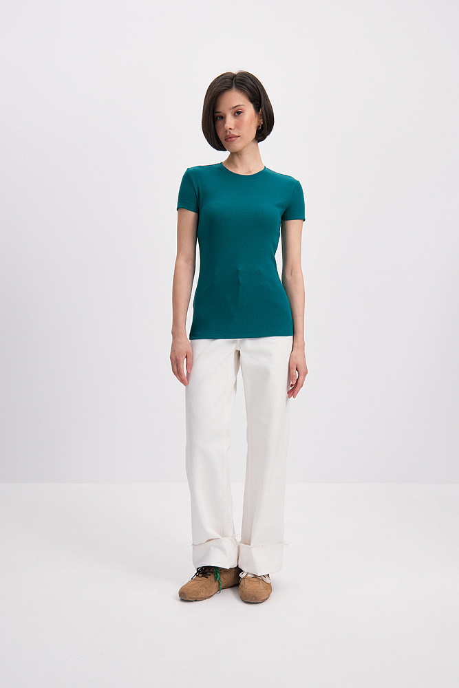 Футболка трикотажная в рубчик Basic Зеленый сапфир_15636