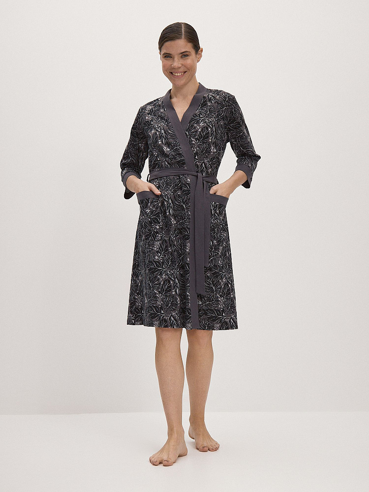 Халат из хлопка с поясом Cozy time Листья на сером_12366