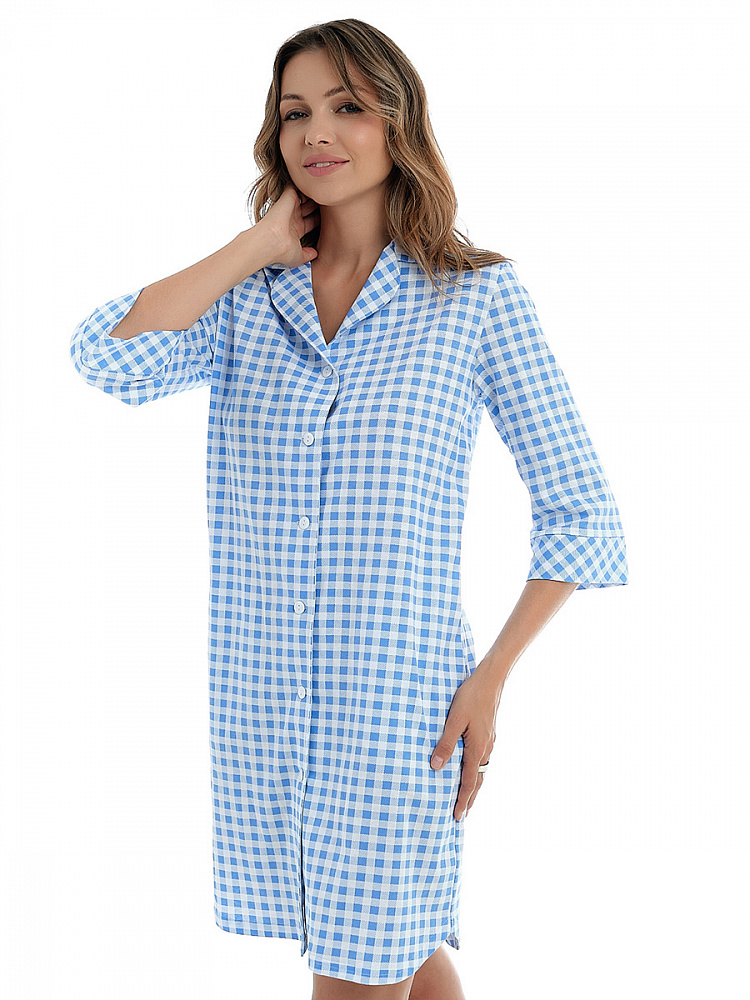 Халат-рубашка из хлопка Slow beauty Бело-синяя клетка_13508