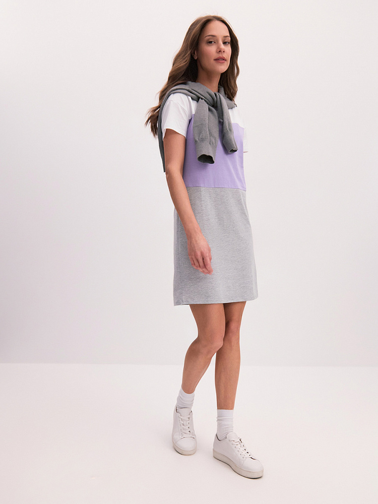 Платье из хлопка Color blocks Белый/Лиловый/Серый_14763