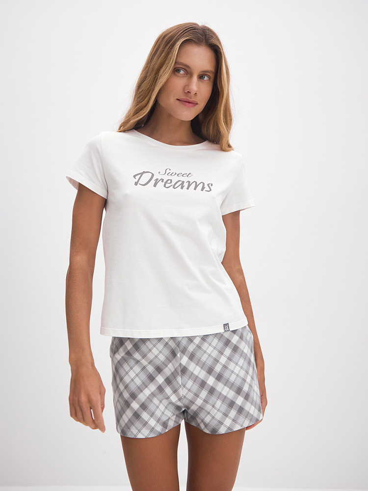 Пижама из эластичного хлопка, комплект Nicole Кремовый/Клетка серая_13427