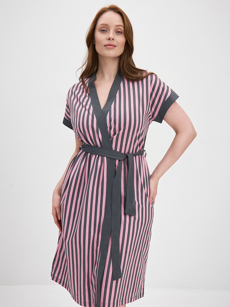 Халат из хлопка с поясом Cozy time Полоска розово-серая_13435