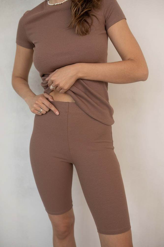 Коричневые велосипедки в рубчик трикотажные Капучино Basic_6442