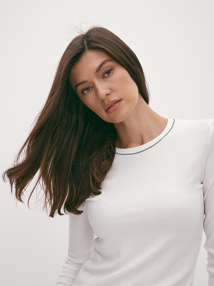 Лонгслив трикотажный в рубчик Basic Белый_12872