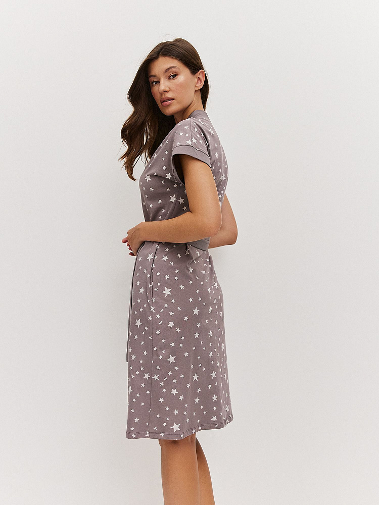 Халат из хлопка с поясом Cozy time Серый/Звезды_11962