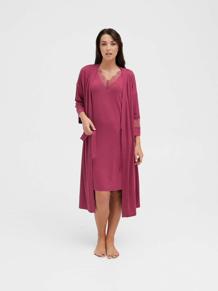 Халат из вискозы с кружевом Lili Малиновый_12047