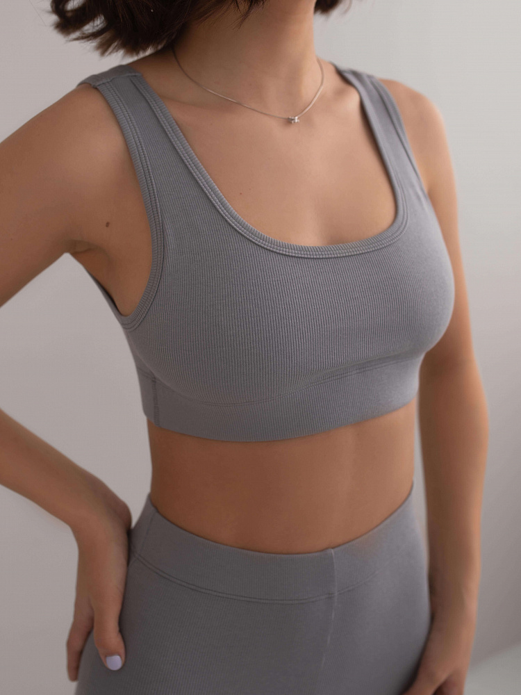 Тёмно-серый топ бюстье трикотажный в рубчик базовый Basic_6350