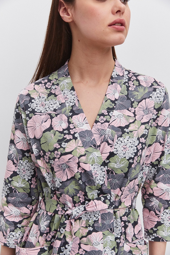 Халат из хлопка с поясом Cozy time Набивка/Цветы_11282