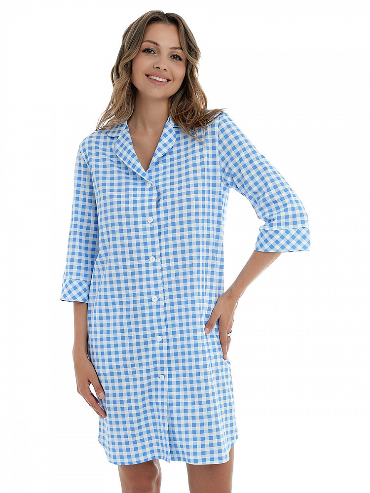 Халат-рубашка из хлопка Slow beauty Бело-синяя клетка_13506