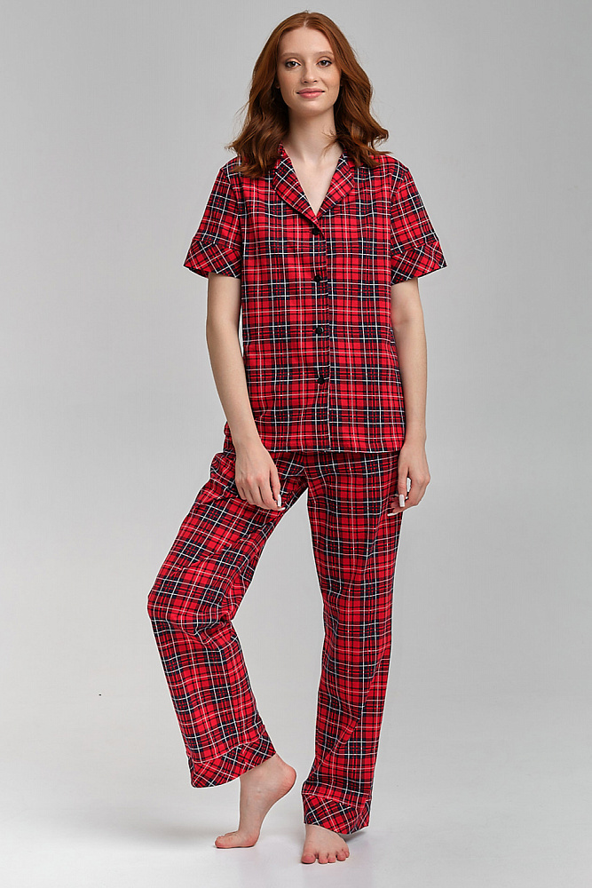Рубашка из хлопка с коротким руковом красная клетка Slow beauty_8900