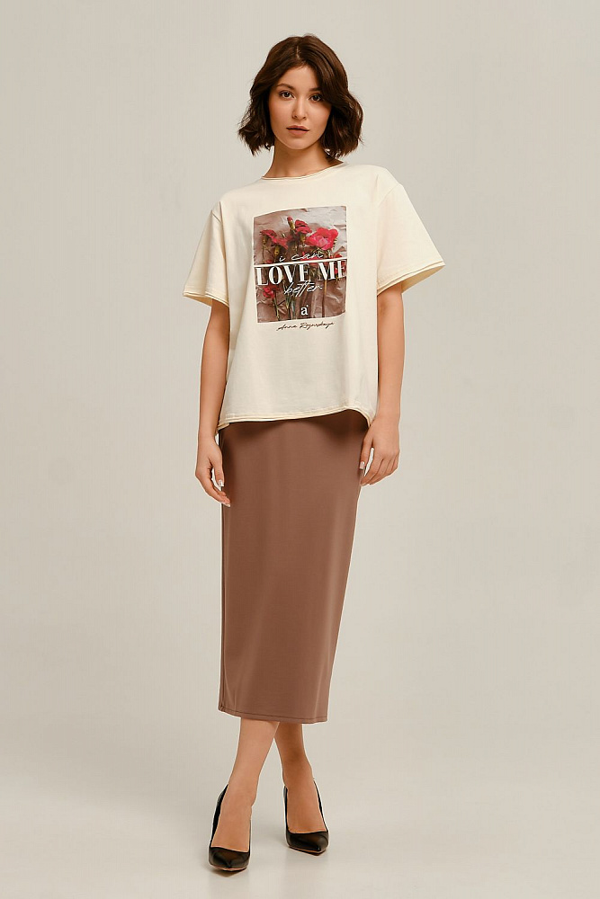 Прямая юбка миди с разрезом Jersey Капучино_12724