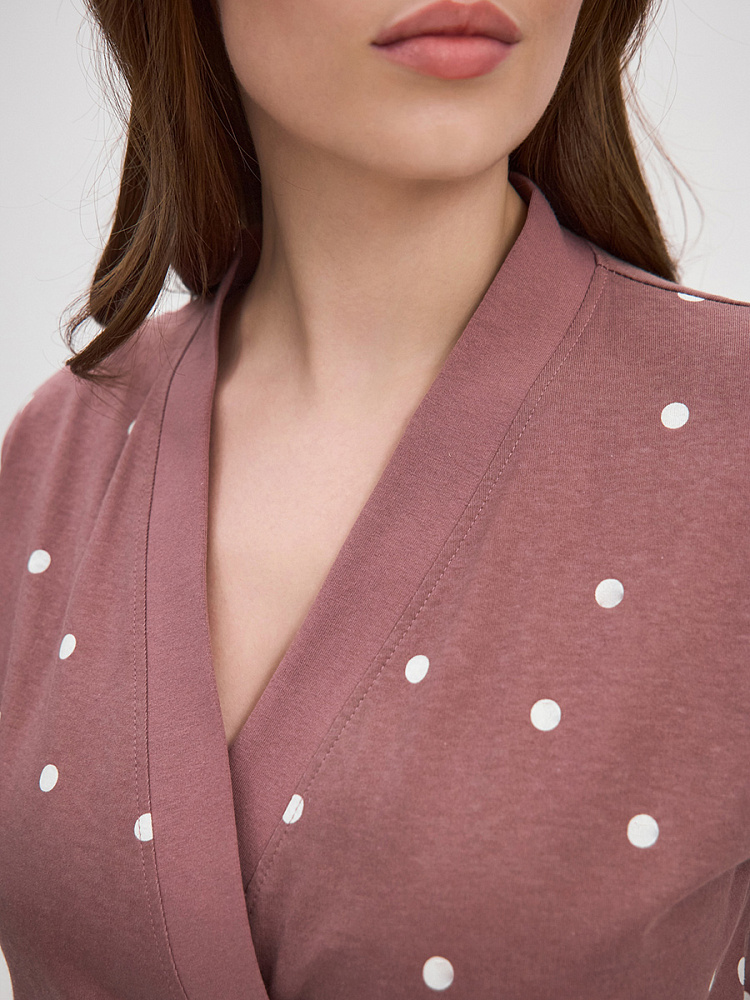 Халат из хлопка с поясом Cozy time Какао/Горох_13592