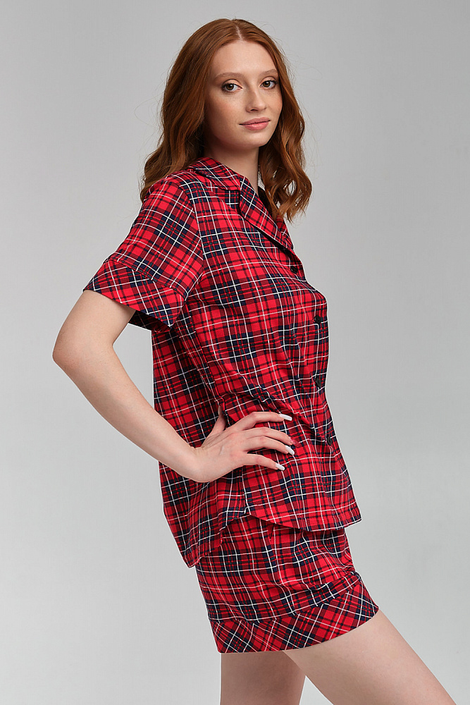 Рубашка из хлопка с коротким руковом красная клетка Slow beauty_8899