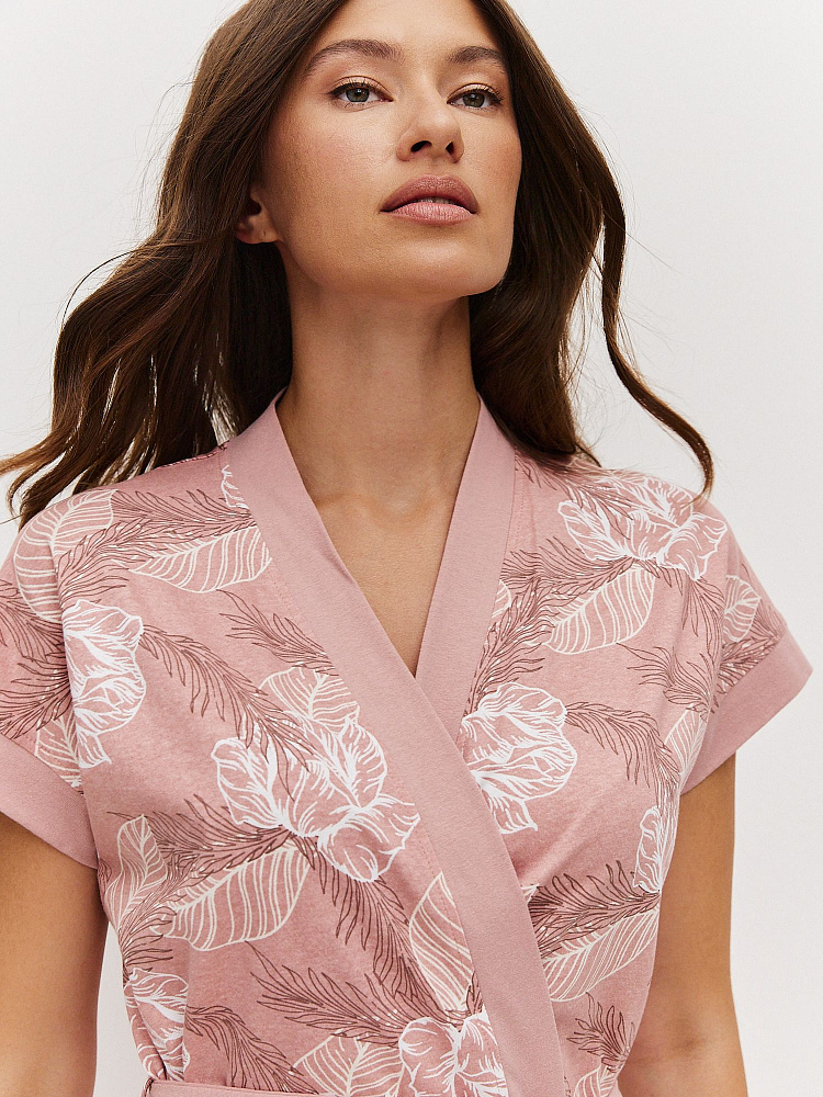 Халат из хлопка с поясом Cozy time Пудровый/Листья_11956