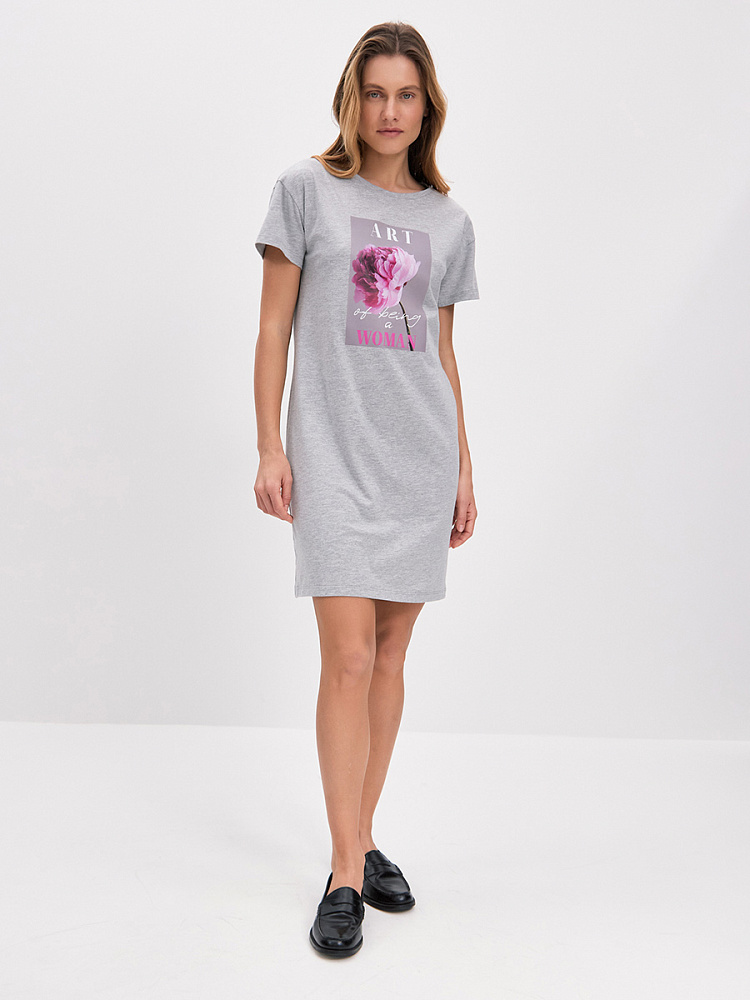 Платье из хлопка Color Print Серый меланж/Пион розовый_14807