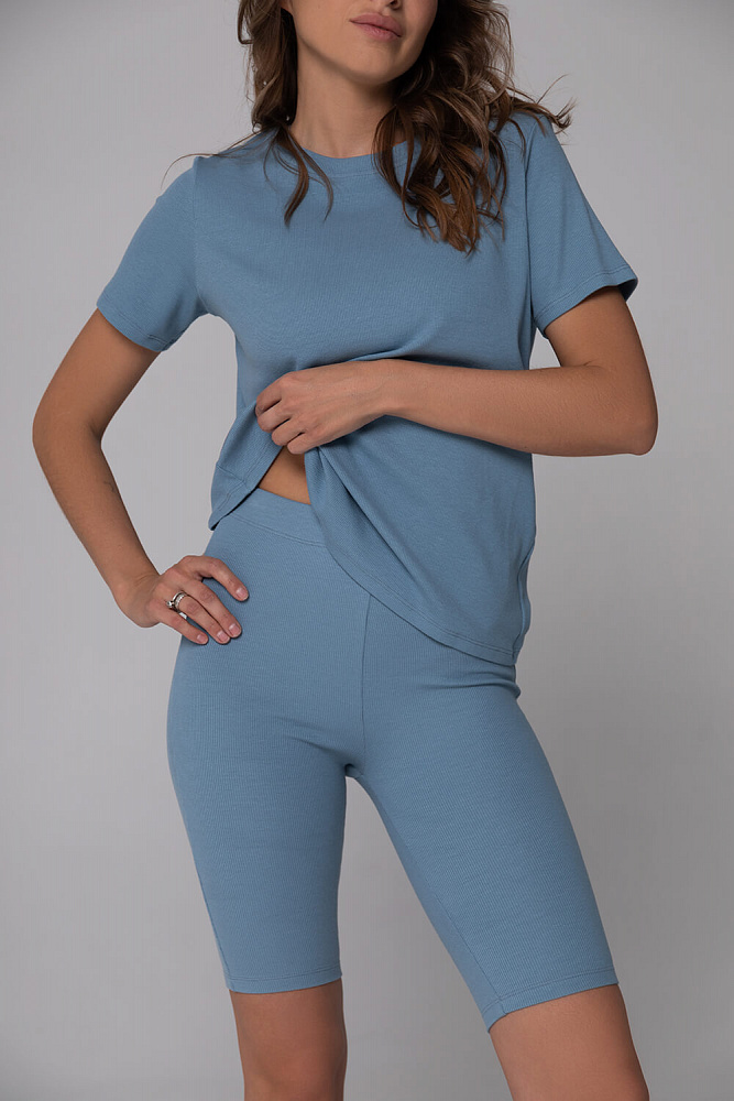 Дымчато-голубые велосипедки в рубчик трикотажные Basic_6432