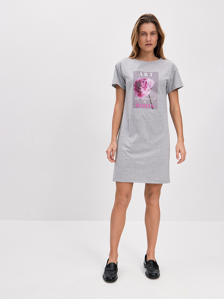 Платье из хлопка Color Print Серый меланж/Пион розовый_14810