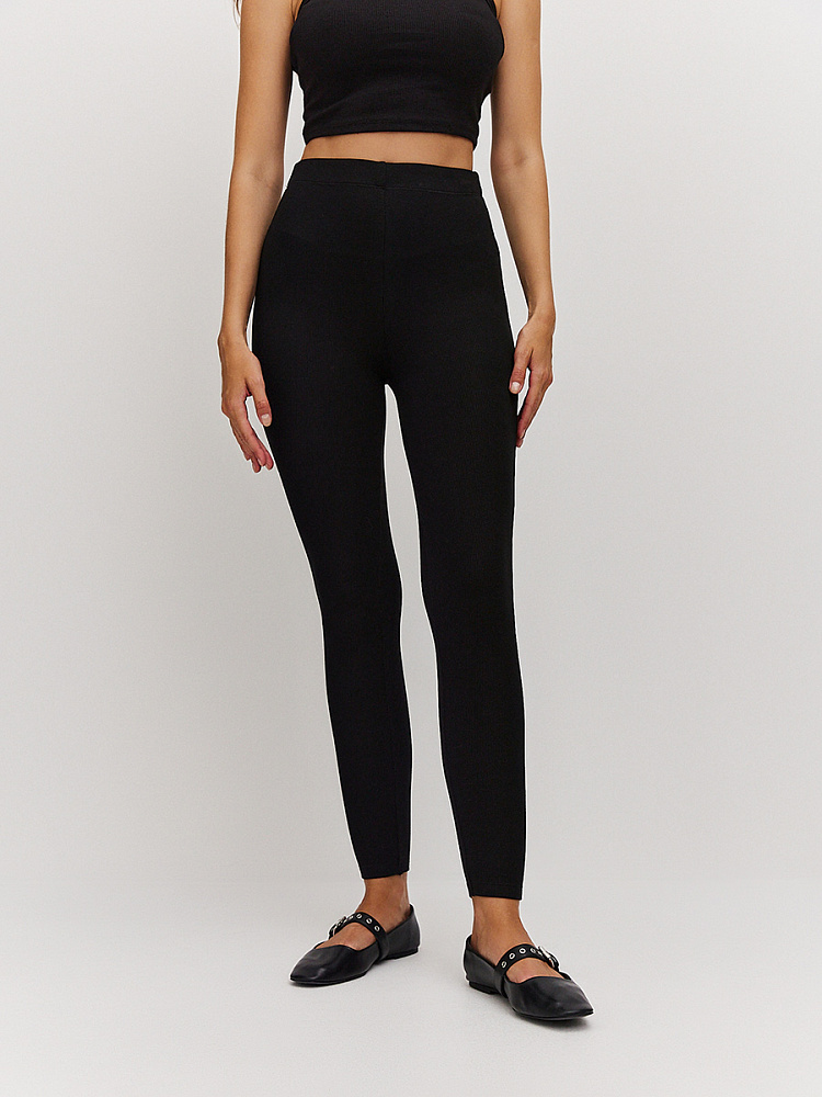 Леггинсы черные в рубчик трикотажные Basic_13201