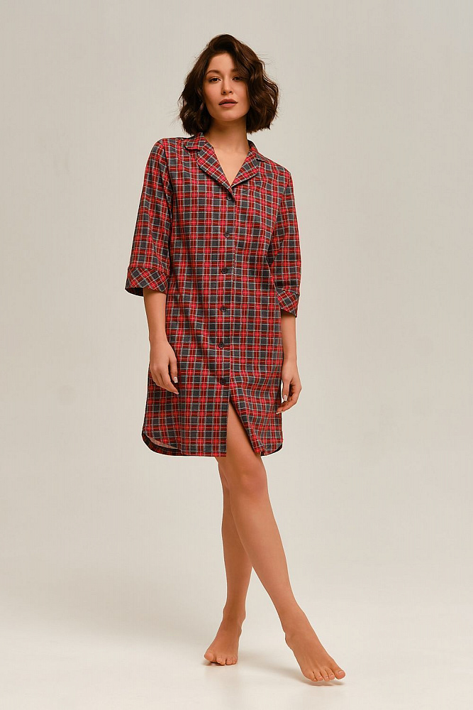 Халат-рубашка из хлопка Slow beauty Красно-серая клетка_12478