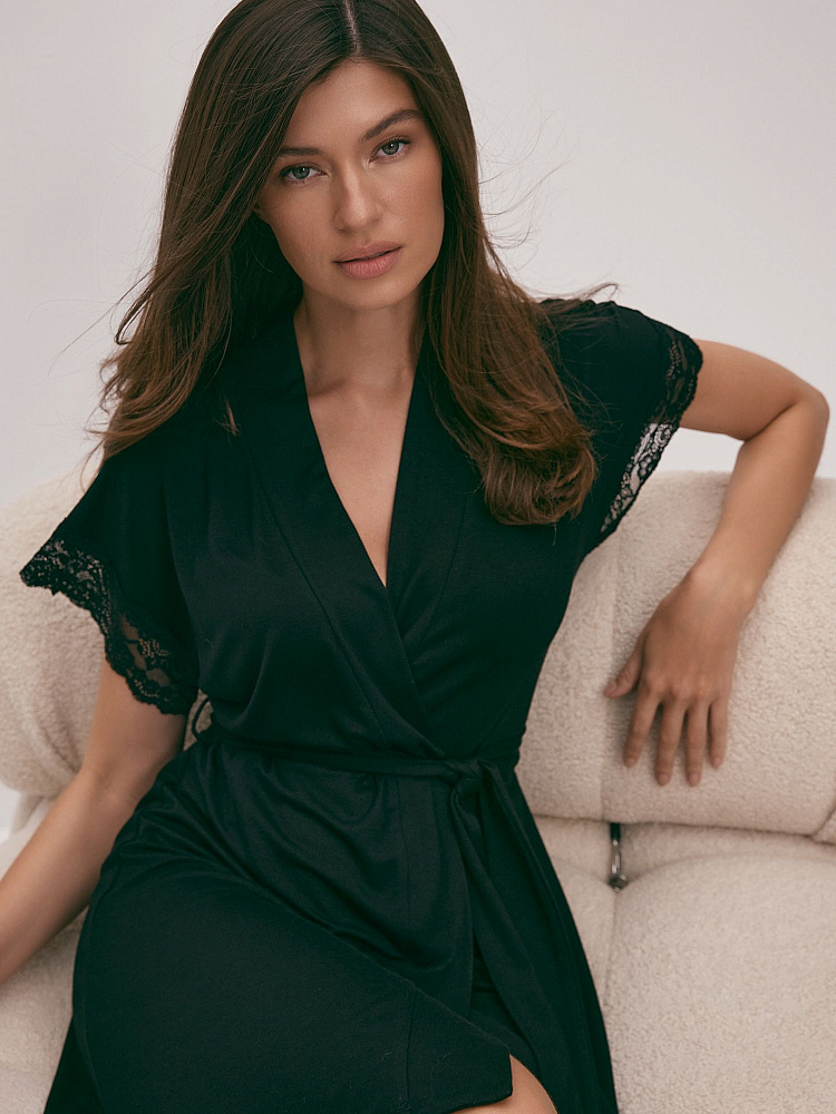 Халат из вискозы с кружевом Natali Черный_12064