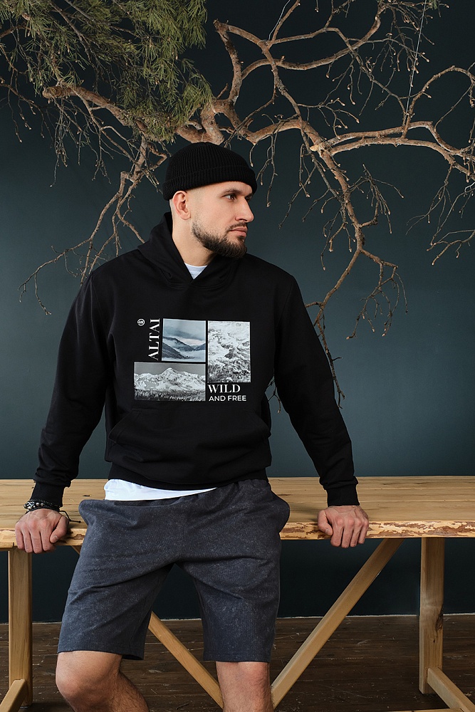 Худи из футера  Altai Черный/Горы чб_18721