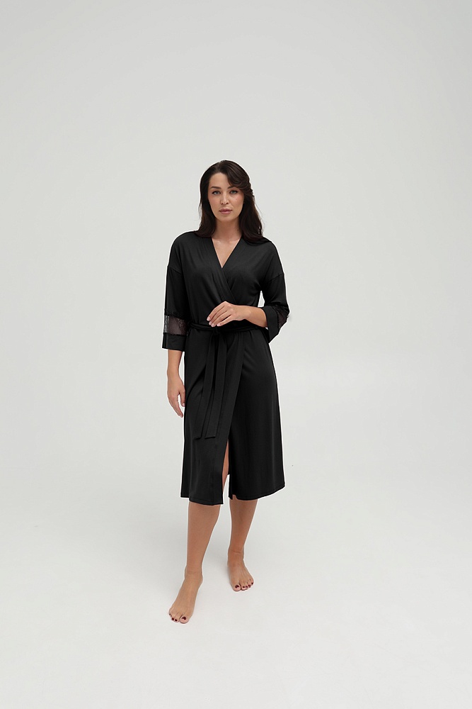 Халат из вискозы с кружевом Lili Черный_16593