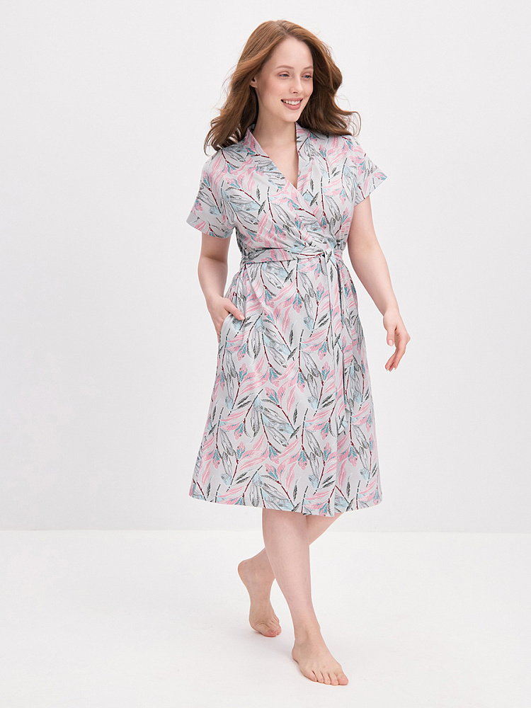 Халат из хлопка с поясом Cozy time Серо-розовые листья_14171