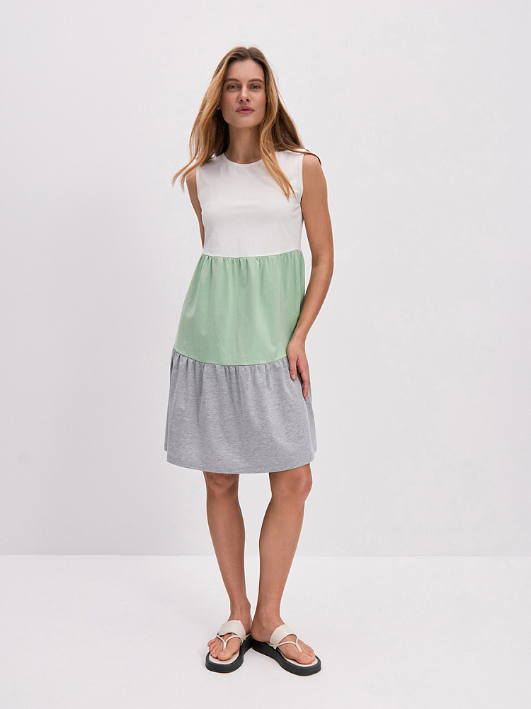 Платье из хлопка Color blocks Молочный/Зеленая трава/Серый меланж_14229